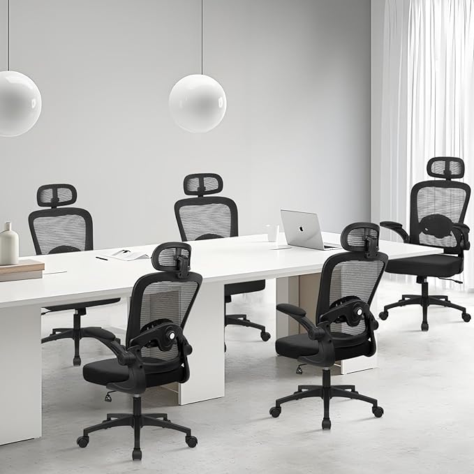 KLASIKA Desk Chairs with Wheels, Ergonomic Mesh Back Home Office Chair with Headrest, Adjustable Lumbar Support Swivel Rolling Computer Chairs with Flip Up Arms for Conference Meeting Room, Black, 2PK
