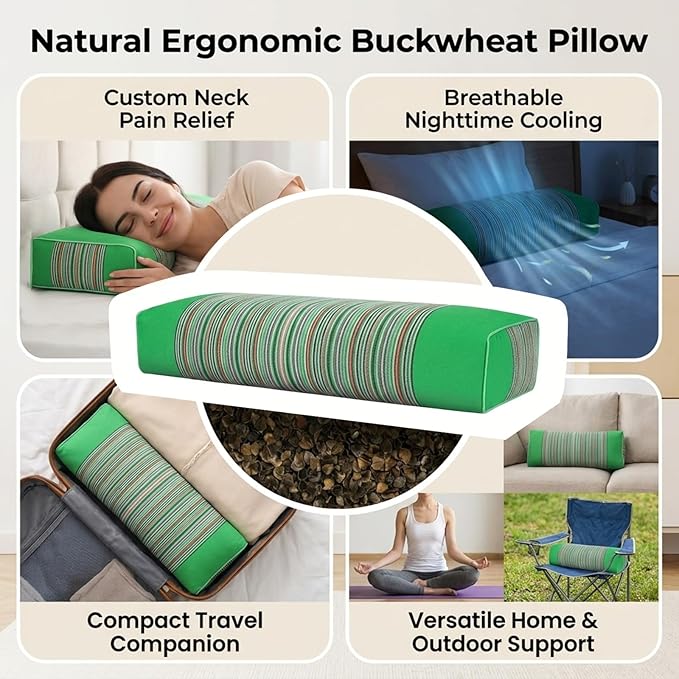Adjustable Buckwheat Hull Pillow for Neck Pain Relief (21x8x4) Natural Cooling Cervical Support Camping Pillow for Side & Back Sleepers with Night Sweats (Green)