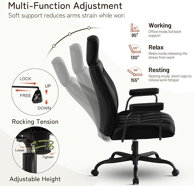 Furniliving Leather Office Chair with Adjustable Headrest, Mid-Century Modern High-Back Office Desk Chair, Ergonomic Computer Chair with Wheels, Armrests, Lumbar Support, Black