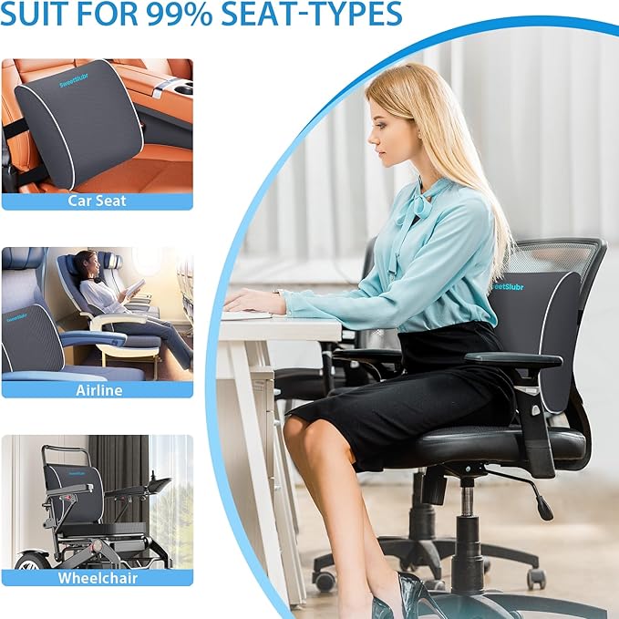 SweetSlubr Lumbar Support Pillow for Office Chair, Car Seats and Home Desks, Ergonomic Back Support with Double Adjustable Straps, Machine Washable Cover, Grey