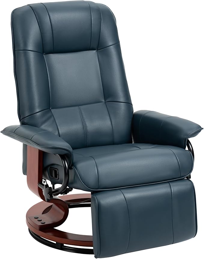 HOMCOM Swivel Recliner Chair, PU Leather Reclining Armchair with Retractable Footrest, Lounge Chair with Wood Base and Adjustable High Back for Small Spaces, Living Room, RV, Bedroom, Blue