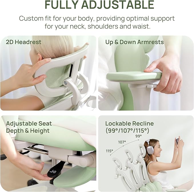 CabLady S1 Petite Ergonomic Home Desk Chair with Footrest and Headrest, High Back Fixed Lumbar Support with Detachable Pillow, Reclining Cute Office Chair for Women & Girls, 300 LBS Capacity