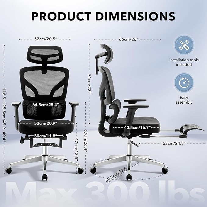 Office Chair Ergonomic Desk Chair - Home Mesh Chair with Adjustable Footrest Lumbar Support, High-Back Computer Gaming Chair with Headrest 3D Armrests, Rolling Swivel Task Chairs for Home, Office