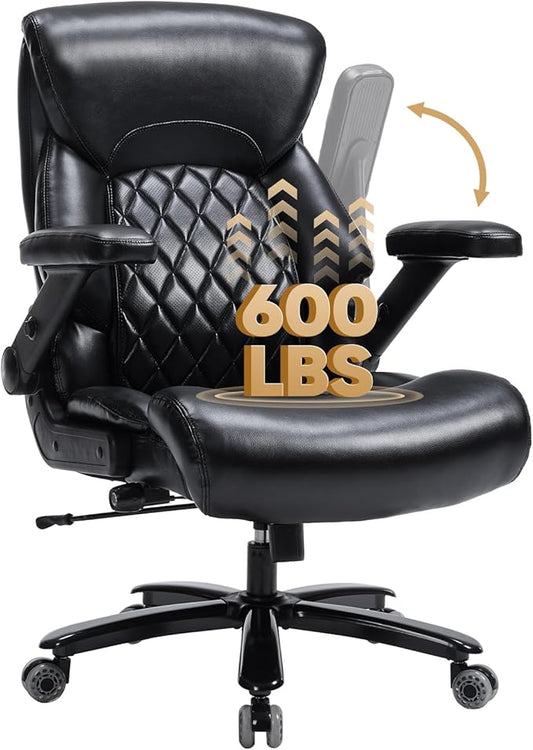 600 Lbs Big and Tall Office Chair, Plus Size Ergonomic Desk Chair with 6D Adjustable Flip Arms, Wide Comfortable Computer Chair with Adjustable Lumbar Support & Dual Rubber Wheels