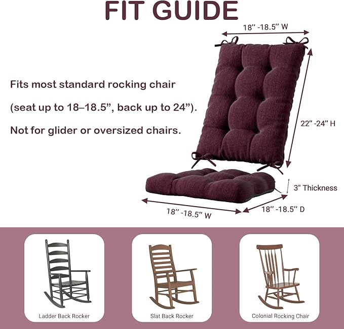 Codi Rocking Chair Cushions Indoor, Water Resistant Glider Rocker Replacement Cushion Set for Patio Porch Garden - Fits Most Standard Rockers, Wine 1PK