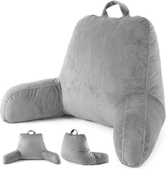 ACH Reading Pillow with Arms for Adults - Adjustable Memory Foam Bed Rest Pillow, Lumbar & Neck Back Support, Soft Velvet Cover Machine Washable, Deep Side Pocket & Carry Handle, Grey