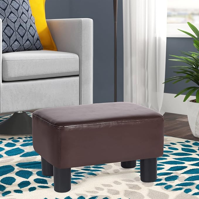 Joveco Small Footstool Ottoman Footrest Modern Rectangular Padded Seat for Living Room Bedroom (Brown PU Leather)