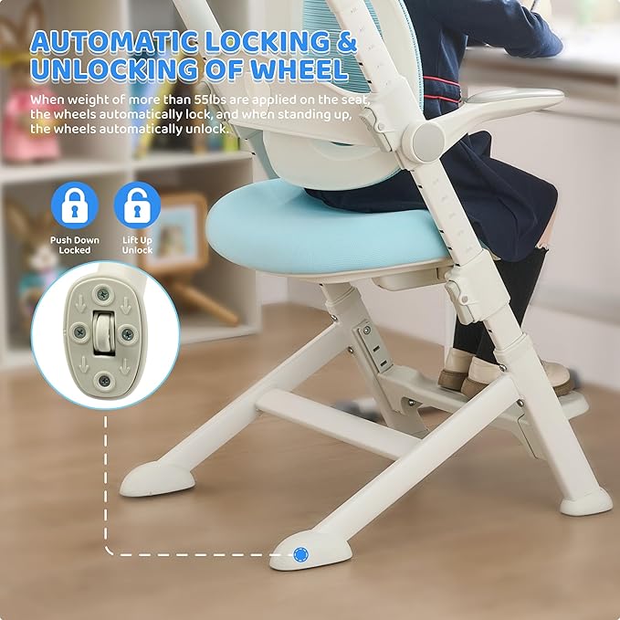 ERIYA Kids Desk Chair,Ergonomic Chair: Breathable Mesh Back, Adjustable Seat, Flip-Up Armrests, Footrest, Lumbar | Ideal for Kids, Petite Adults – Ultra-Comfy for Study/Work (Blue)