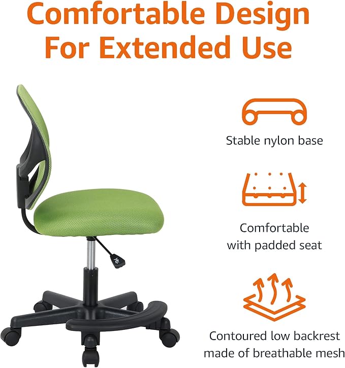 Amazon Basics Kids Adjustable Height Mesh Low-Back Swivel Desk Chair with Footrest, Rolling Computer Chair for Student Homework, Green