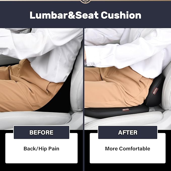 Coverado Memory Foam Car Seat Cushion and Lumbar Support Pillow for Driving Seat, Ergonomic Design Soft and Breathable PU Leather, High Density Memory Foam for Neck & Lower Back Pain Relie