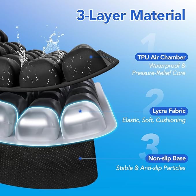 34 Air Cell Self-Inflating Seat Cushion, 3D Air Bubble Design for Tailbone Pain & Hemorrhoid Relief, Pressure Relief Cushion for Office Chair, Car, Wheelchair, Airplane Travel, Home (No Pump Needed)