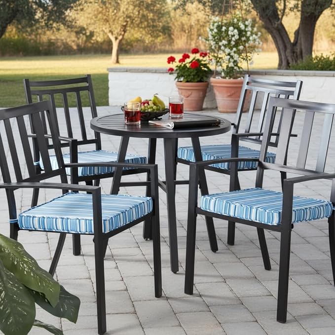 Outdoor 18 inch Square Patio Dining Chair Pads – Comfortable Fiber-Filled Seat Cushions with Ties, Reversible Polyester Fabric - Sapphire Stripe, Set of 4