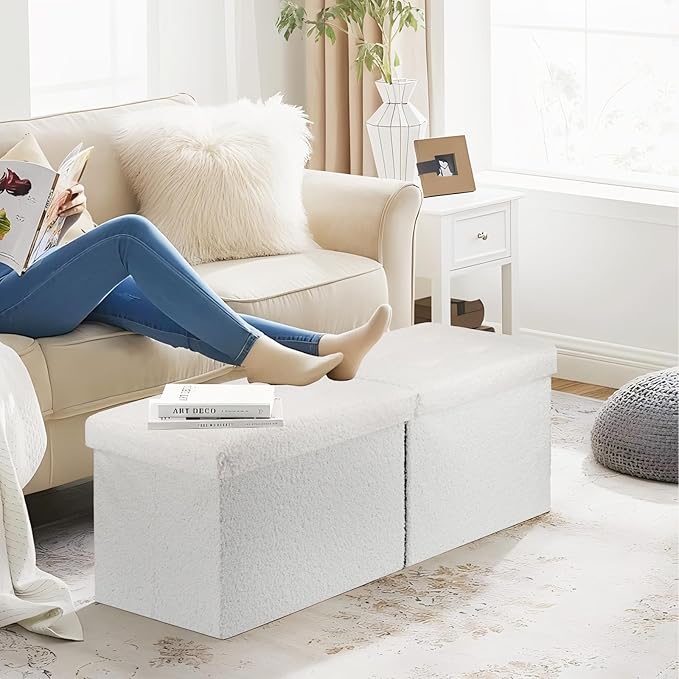 Folding Ottoman Bench with Storage - 34Inches Teddy Velvet Foot Stool Ottoman Bench, Padded Seat, Storage Chest,Blanket Store, for Entryway Livingroom and Bedroom,White (34" D x 13" W x 13" H)