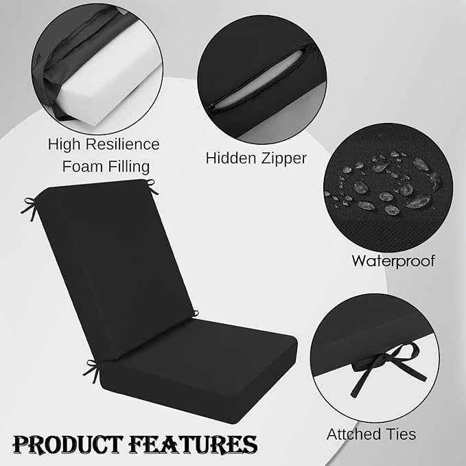 idee-home Outdoor Dining Chair Cushion, Patio Seat Cushion High Back Waterproof Seat Pads with Removable Cover, Indoor Chair Pads Deep, Black