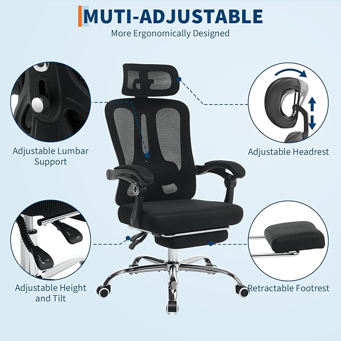 GarveeHome High Back Ergonomic Office Chair with Mesh Back, Retractable Footrest, Adjustable Headrest & Lumbar Support – Wide Computer Desk Chair with Wheels for Home Office or Bedroom, Black