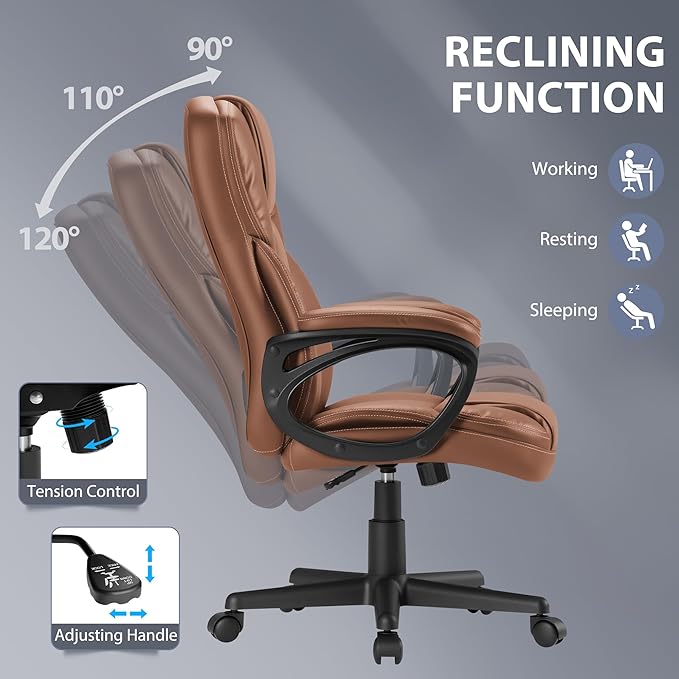 Shahoo Ergonomic Office Chair Executive PU Leather Chair with Comfortable Head Rest, Thickened Cushioned Armrest and Lumbar Support for Office & Home, Light Brown