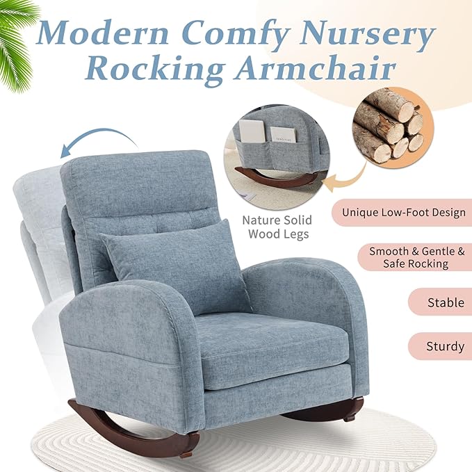 VINGLI Chenille Low Seat Nursery Rocking Chair,Upholstered Comfy Rocker Glider Chair with Side Pockets, Accent Arm Chair with High Backrest,Solid Wood Base for Living Room Bedroom Balcony,Blue
