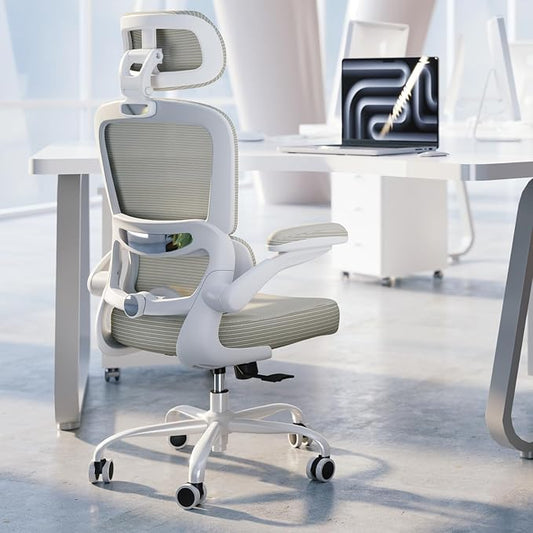 TRALT Ergonomic Office Chair - Desk Chair with Adjustable Headrest Lumbar Support Computer Chair - Mesh Comfy Chair with Flip-up Armrests - Gaming Chairs for Adults Home Office (Leather, Beige)