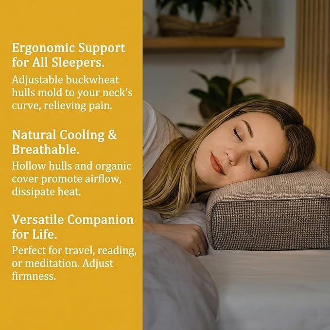 Adjustable Buckwheat Hull Pillow for Neck Pain Relief (21x8x4) Natural Cooling Cervical Support Camping Pillow for Side & Back Sleepers with Night Sweats (Coffee)