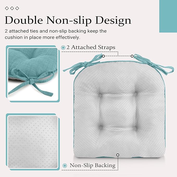 Wellsin Chair Cushions for Dining Chairs, Non-Slip Kitchen Chair Pads with Ties, Tufted Shredded Foam Kitchen Chair Cushions Set of 2, 15.5" X 15.5", Aqua Blue