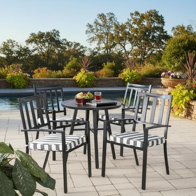 Outdoor 18 inch Square Patio Dining Chair Pads – Comfortable Fiber-Filled Seat Cushions with Ties, Reversible Polyester Fabric - Canopy Stripe Gray, Set of 4