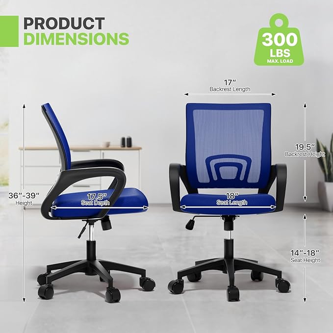 Magshion Ergonomic Office Chair 20 Pack, Mid-Back Mesh Desk Chair, Adjustable Swivel Computer Chair with Lumbar Support & Breathable Backrest for Gaming, Work, Study, 300 Lbs Capacity, Navy Blue