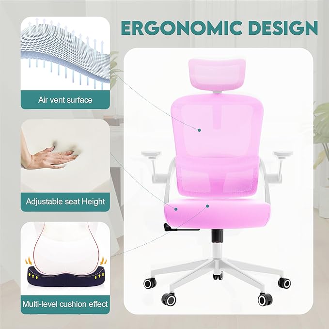 350 LBS Ergonomic Office Computer Mesh Chair - Adjustable Height Rolling Desk Chair with Flip-Up Armrests & High Back Support - Comfortable Swivel Task Chair for Home Office (01PINK)