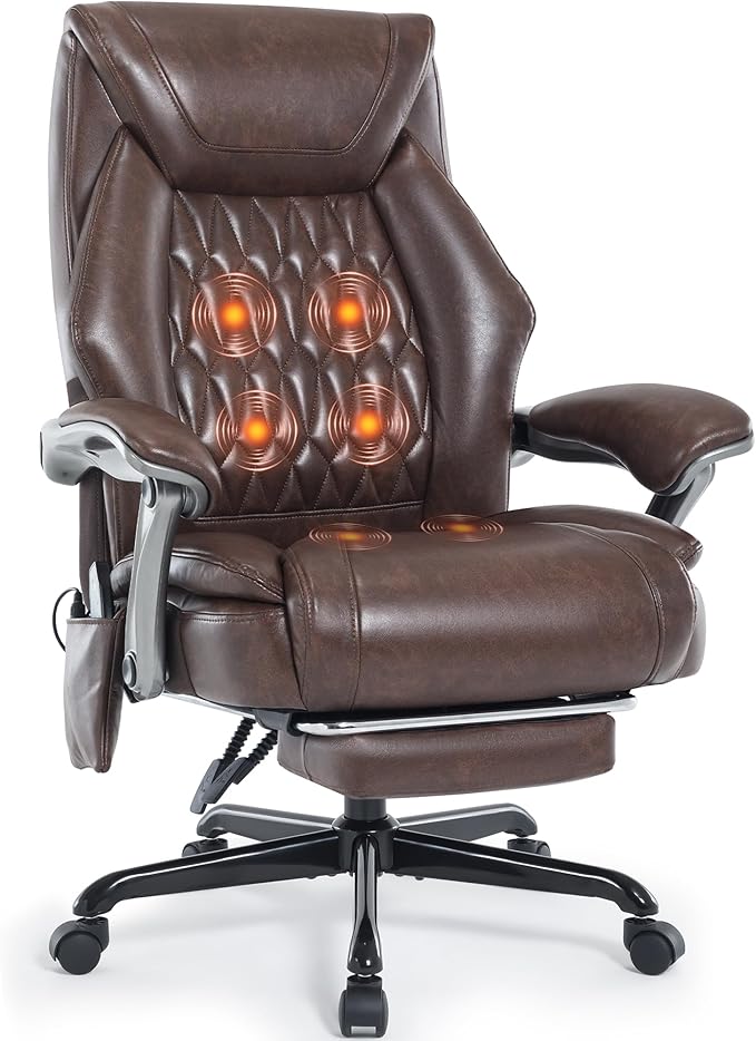 Massage Office Chair with Heat & Foot Rest, 6 Points Vibration, Ergonomic Executive Reclining Desk Chair, PU Leather Padded Seat for Home Office Comfort