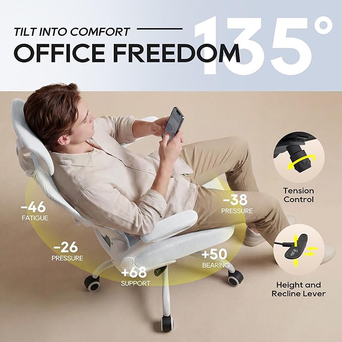 Office Chair, Ergonomic Mesh Desk Chair with Adjustable Lumbar Support and Headrest, Flip-up Armrests, High Back Computer Task Chair for Home and Executive Office (W-All White)