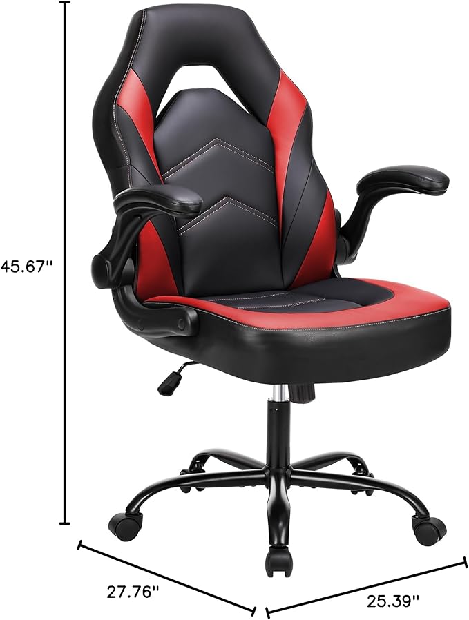 DUMOS Ergonomic Computer Gaming Chair with Flip-up Armrest, Height Adjustable PU Leather Home Office Desk Chair with Lumbar Support Swivel Wheels and for Adults and Kids, Scarlet Red