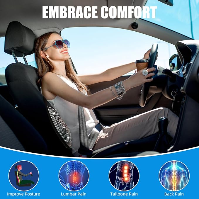 Lumbar Support Pillow with Diamond, Memory Foam Lumbar Pillow for Office Chair for Lower Back Pain Relief, Car Lumbar Support for Driving Seat, Back Support Pillow for car Chair(Black)