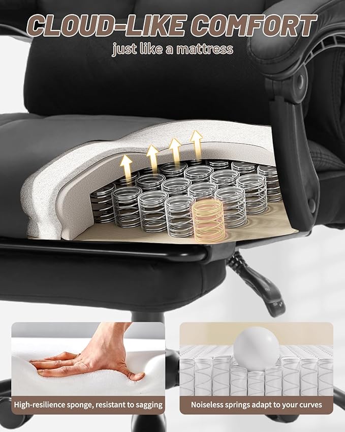 600lbs Office Chair with Footrest, Executive Chair with Padded Armrests, Reclining Desk Chair with Lumbar Support, High Back Leather Chair for Heavy People