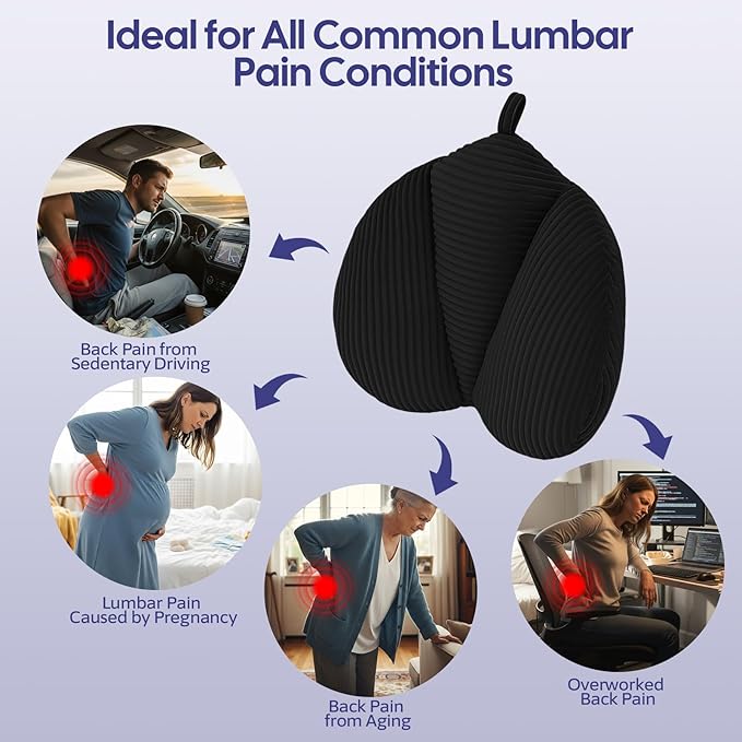 Lumbar Support Pillow for Couch, Back Support Pillow for Office Chair, Heart-Shape Back Cushion with Shredded Foam for Back Pain Relief & Reading, Lumbar Cushions for Recliner, Car, Black