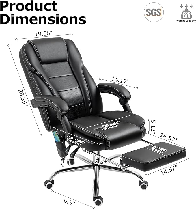TonghuaS Massage Office Chair with Foot Rest Vibration and Heating, 90-130° Reclining Desk Chair, Ergonomic Reclining Computer Gaming Leather Chair(Black)