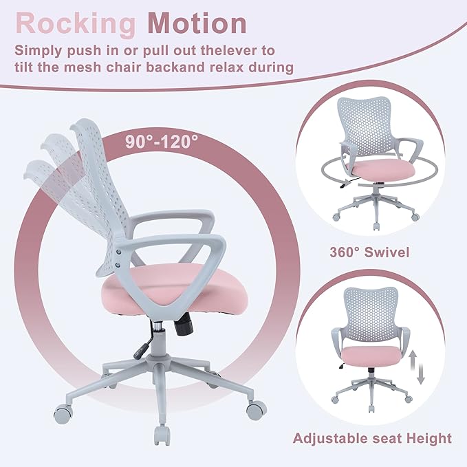 Ergonomic Office Chair, Breathable Mesh Computer Desk Chair with Armrests, Rolling Swivel Task Chair, Butterfly Back Design for Home Office, Adults and Teens (Pink)