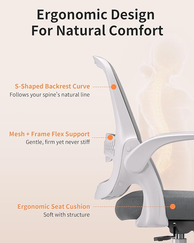 Ergonomic Mesh Office Chair with Flip-Up Arms, Adjustable Height, Breathable Mesh Back & Thick Cushion Seat, 360° Swivel Rolling Computer Desk Chair, BIFMA Certified, Supports 300 lbs (Gray)