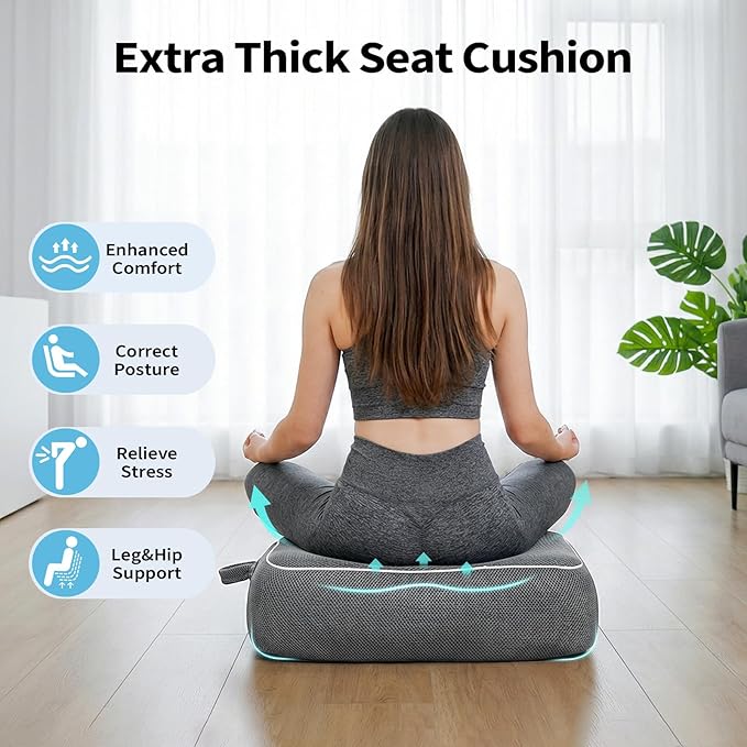 Thick Chair Cushions, Office Booster Seat Cushion to Tailbone Pain Relief, Non Slip Memory Thick Foam Cushion with Carry Handle 6"-Grey