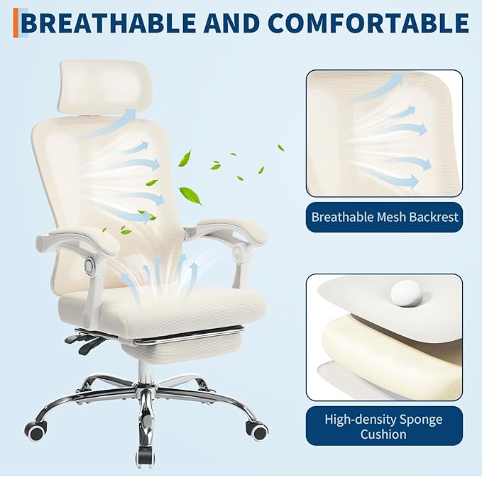 GarveeHome High Back Ergonomic Office Chair with Mesh Back, Retractable Footrest, Adjustable Headrest & Lumbar Support – Wide Computer Desk Chair with Wheels for Home Office or Bedroom, Beige