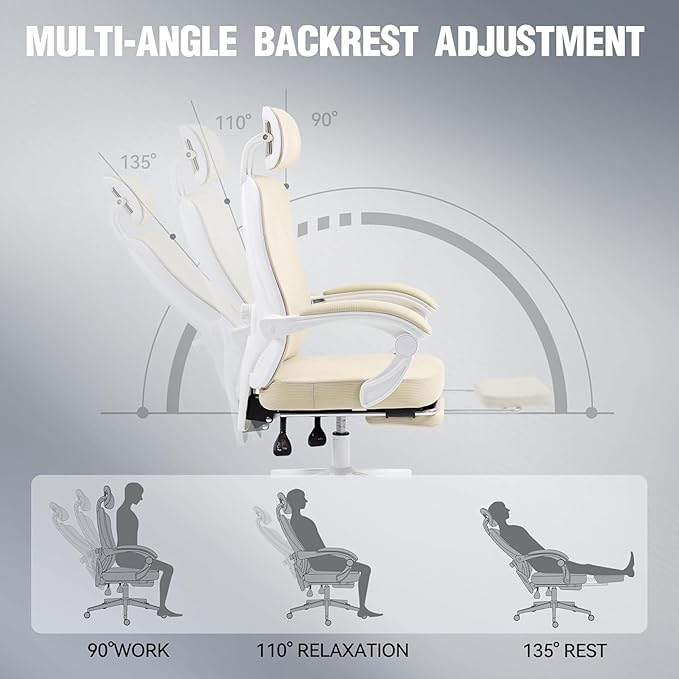 Ergonomic High Back Office Chair with Wide Thick Seat Cushion,Adjustable Lumbar Support and Backrest (Beige w/Footrest)
