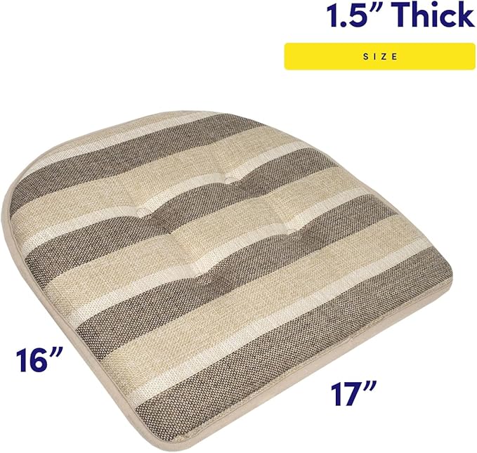 Sweet Home Collection Chair Cushion Memory Foam Pads Tufted Slip Non Skid Rubber Back U-Shaped 16.5" x 15.5" Seat Cover, 4 Pack, Bradford Beige/Brown