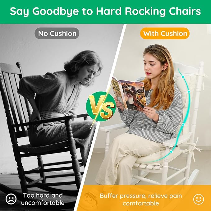 Rocking Chair Cushion - Non-Slip Thick Rocking Chair Pad Indoor with Ties High-Back Rocker Cushion Set for Porches Balconies Nurseries & Living Rooms