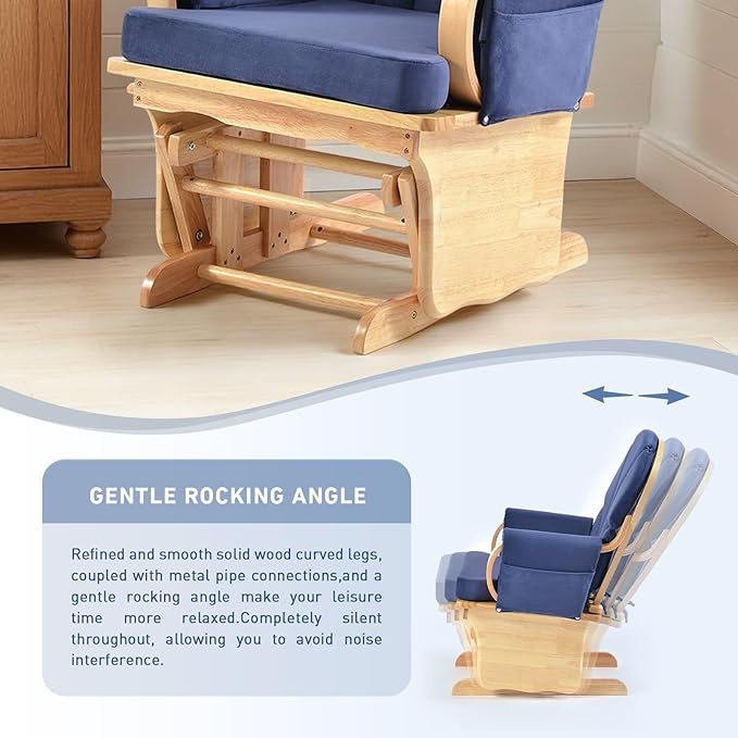 Solid Wood Glider Gentle Rocking Chair, Stylish Modern Glider Rocker with Padded Cushion, Smooth Rocking Motion Indoor Living Room Reading,Watching,Sleeping, Wood Color+Blue
