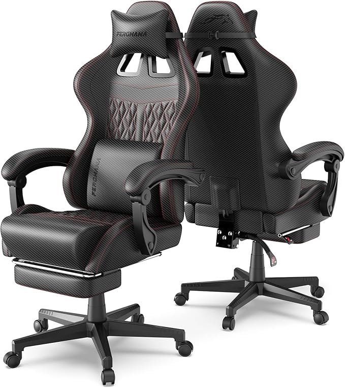Ferghana Vintage PU Leather Gaming Chair, Ergonomic Gamer Chair with Massage, High Back Computer Office Chair with Footrest for Adults, Racing Style Reclining Video Game Chair (Black)