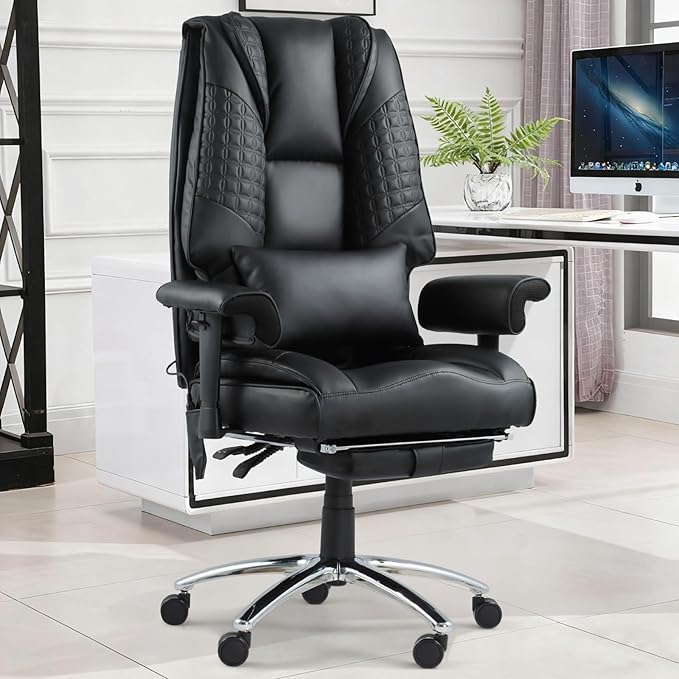 Massage Office Chair with Foot Rest, Ergonomic Executive Heated Office Chair with Reclining Backrest, Adjustable Arms and Lumbar Support, High Back Leather Desk Chairs for Home Office, Black