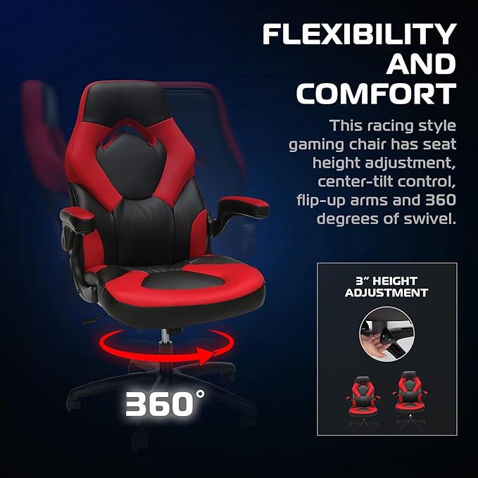 RESPAWN 3085 Ergonomic Gaming Chair for Adults, High Back Office Chair with Headrest and Flip Up Arms, Leather Racing Style Gaming Seat with Lumbar Support, Video Game Computer Desk Seat - Red