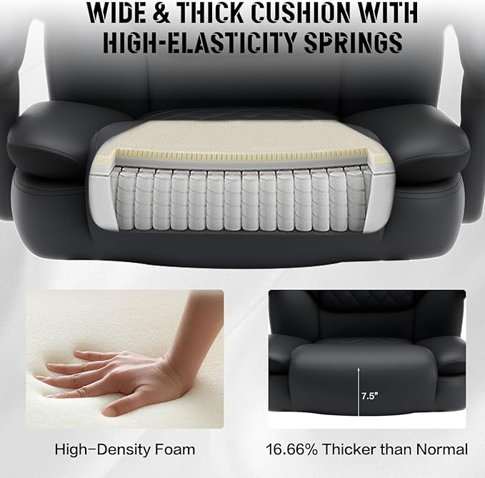 500lbs Recliner Office Chair with Footrest Lumbar Support, Wide Seat Plus Size 500lbs Big Tall Reclining Office Desk Chair, Black