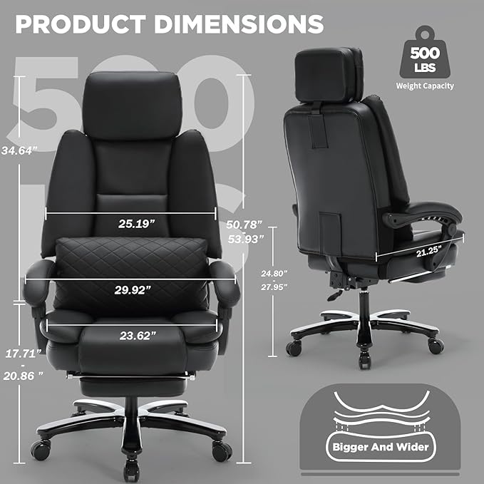 500lbs Plus Size Office Chair with Foot Rest, PU Leather Big and Tall Heavy Duty Reclining Office Desk Chair with Lumbar Support, Black