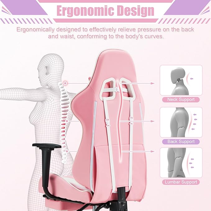 ECOTOUGE PC Gaming Chair Massage Ergonomic Office Desk Chair Racing PU Leather Recliner Swivel Rocker with Headrest and Lumbar Pillow, Pink-White