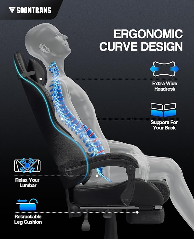 Soontrans Black Gaming Chairs with Footrest, Ergonomic Gamer Chair, Home Office Chair,PC Computer Chair with Headrest and Lumbar Support(Dark Black)