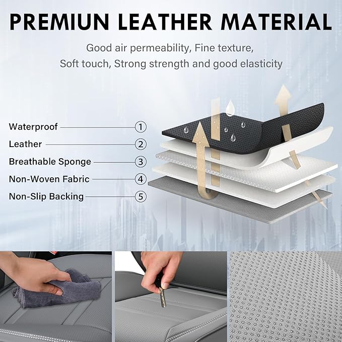 Coverado Car Seat Covers Full Set, 5 Piece Car Seat Protector with Removable Headrest, Nappa Leather Breathable Front Back Rear Seat Cushion Universal Fit for Truck Automotive Most of Cars Gray
